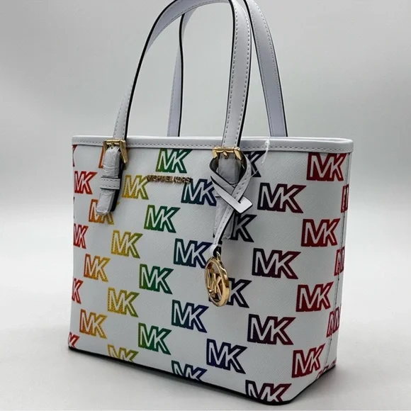 Michael Kors Jet Set Travel Extra-Small Top Zip Tote Bag Rainbow Optic White - Picture 2 of 11